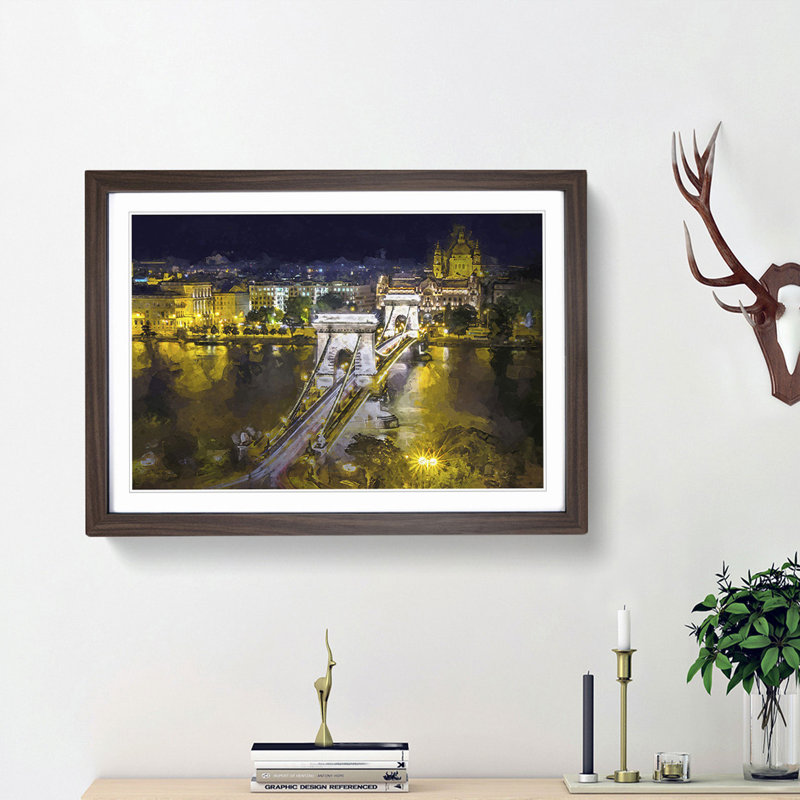 Chain Bridge in Budapest Hungary in Abstract - Picture Frame Graphic Art Print, Walnut Framed, 62cm H x 87cm W x 2cm D