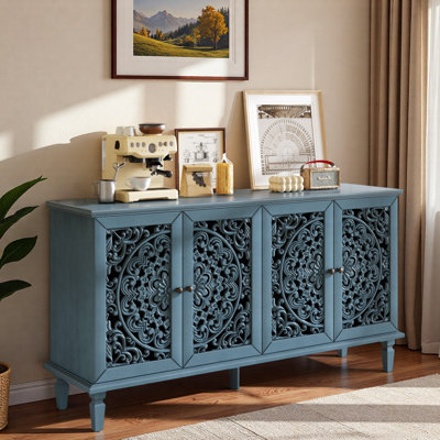 60" Buffet Cabinet with Floral Carvings and Solid Wood Legs