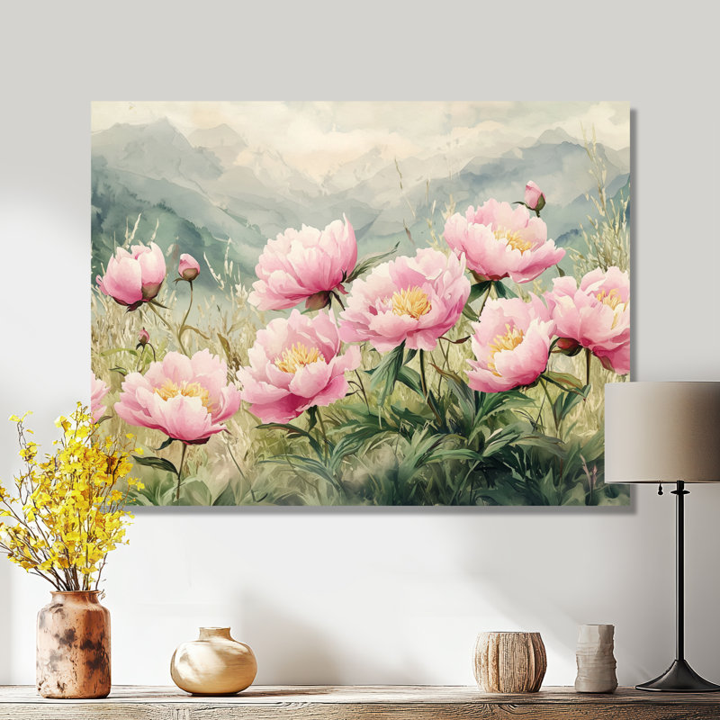 Pivoines dans la prairie alpine II - pivoines, impression sur métal, H 12 po x l 20 po