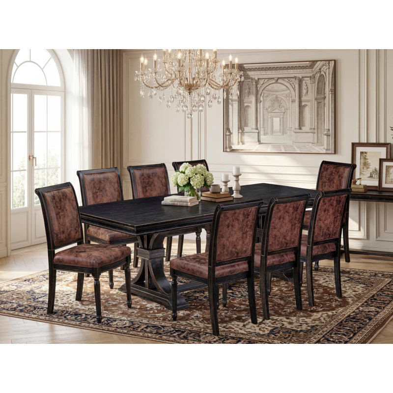 Cet ensemble de table de salle à manger moderne 9 pièces comprend une table de salle à manger et 8 chaises de salle à manger en tissu de polyester texturé brun avec dossier haut - fini noir sablé