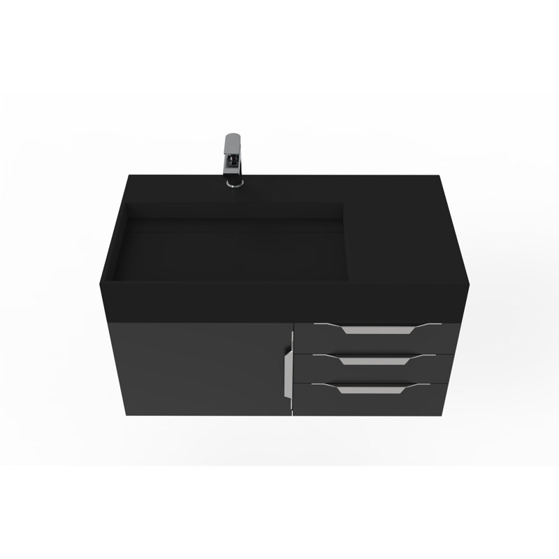 Ensemble de meuble-lavabo mural simple 36 po Bassi, Noir, Blanc, Nickel brossé