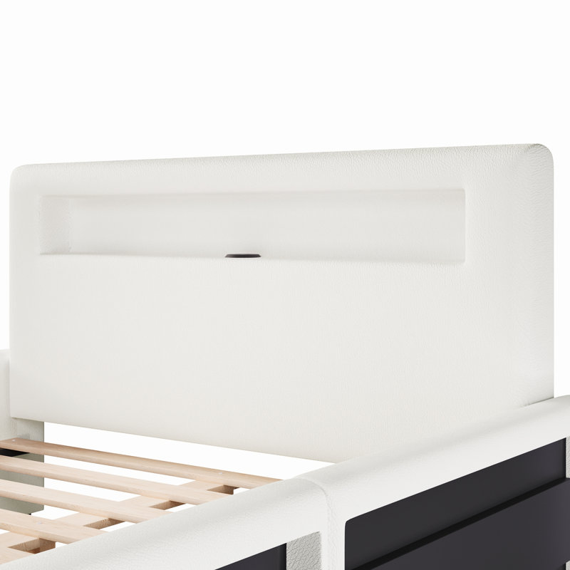 Lit plateforme tapissier avec tiroir, DEL et USB, Lit double, Blanc