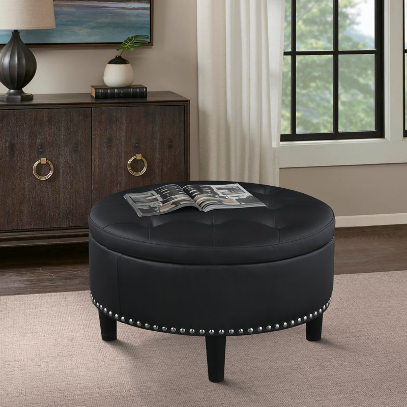 Black Upholstered Round Storage Ottoman