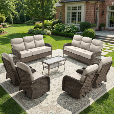 Luxury Patio Furniture Set With 6-Inch Thick Cushions, Outdoor Furniture Set With High Back Swivel Chairs, 9 PCS Wicker Outdoor Conversation Set For Porch