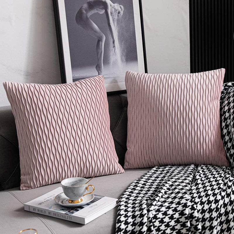 Textured Waves Striped Velvet Pillow Cover, Pink