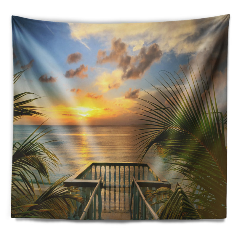 Photographie coucher de soleil vue sur la mer depuis la terrasse tapisserie, H 32 po x l 39 po