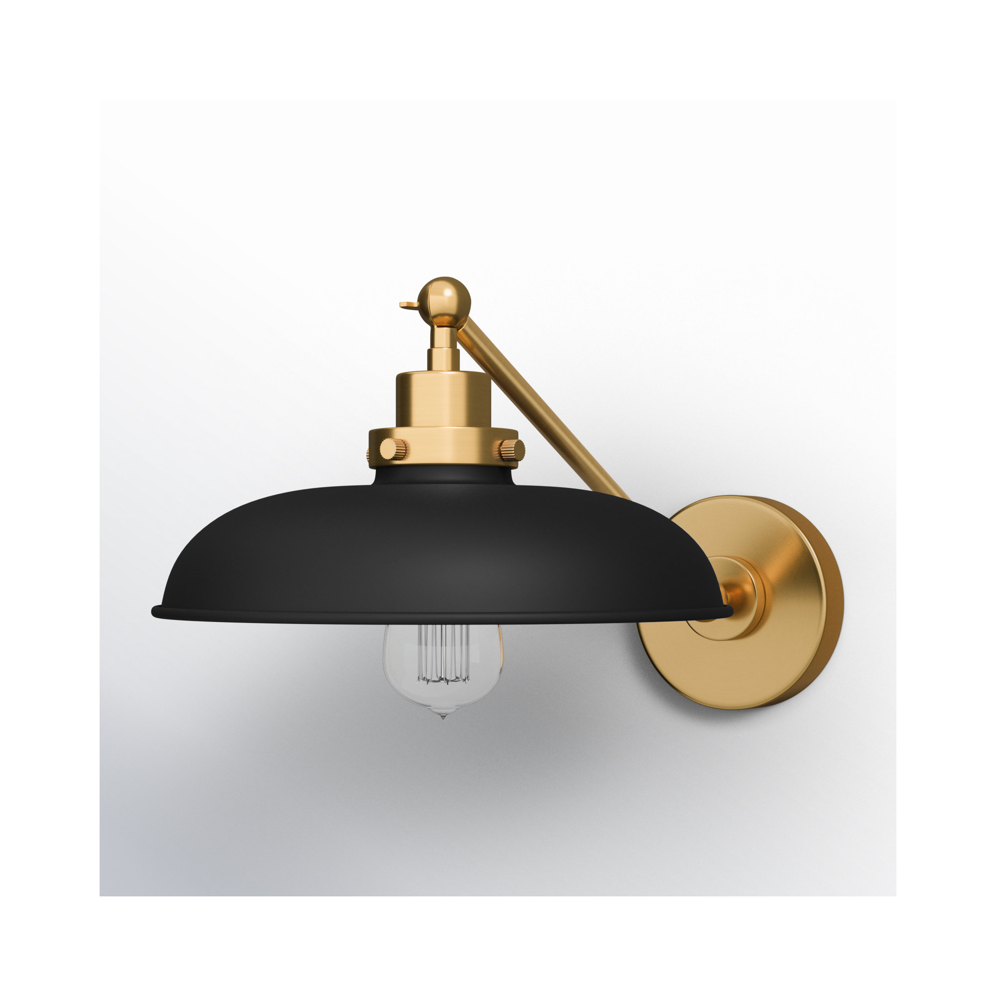 Single Light Steel Dimmable Armed Sconce, Burnished Brass, Midnight Black