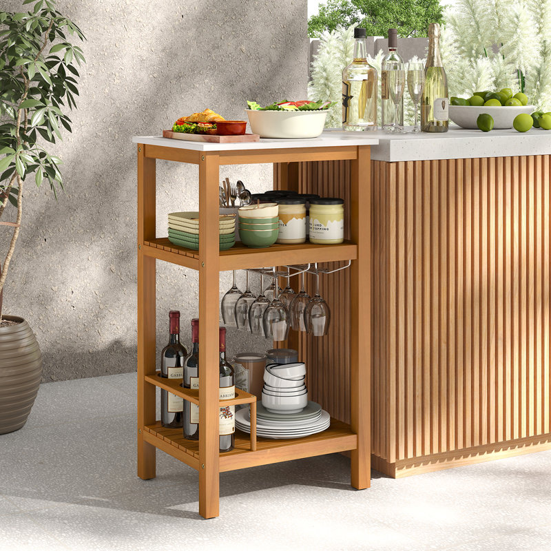 Armoire de rangement en bois à 3 niveaux Gymax avec comptoir en marbre et 2 tablettes à lattes
