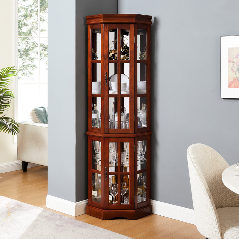 Walnut Corner Curio Cabinet With 5 Removable Shelves And Lighting 5-Shelf Artistic Effect, Walnut