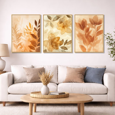 Caramel Botanical Fade – Ivory Abstract Botanical Framed Canvas Print Set of 3