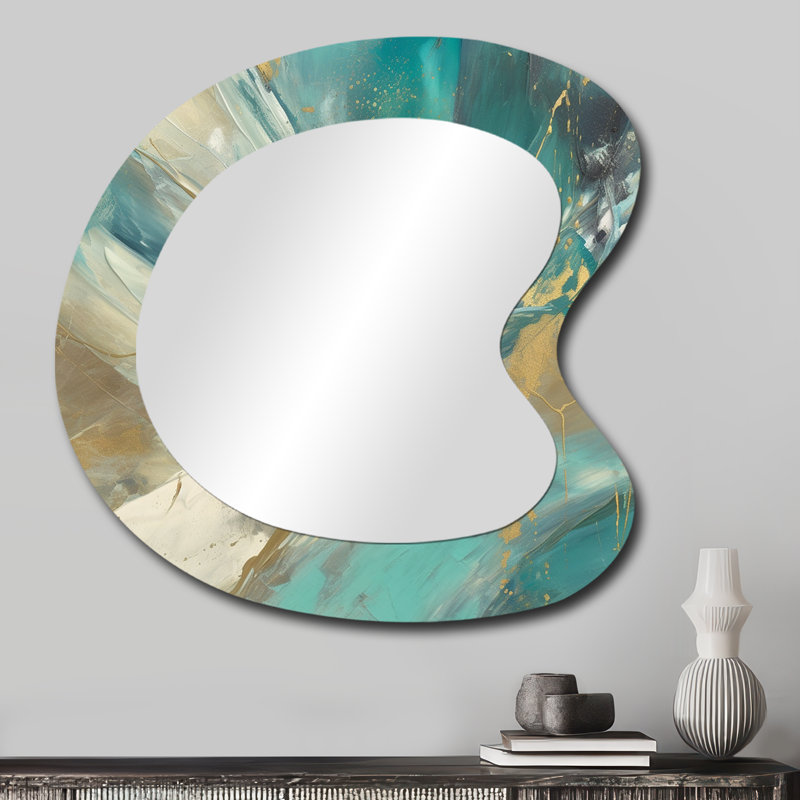 Golden Hour In Turquoise Waves III - Miroir mural moderne abstrait aux formes asymétriques, 27 po x 27 po
