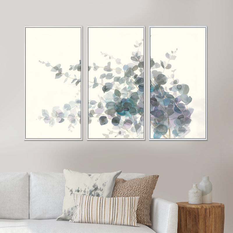 «Gray Watercolor Flower II», ensemble d'art mural sur toile encadré traditionnel de 3, Blanc, H 32 po x l 48 po