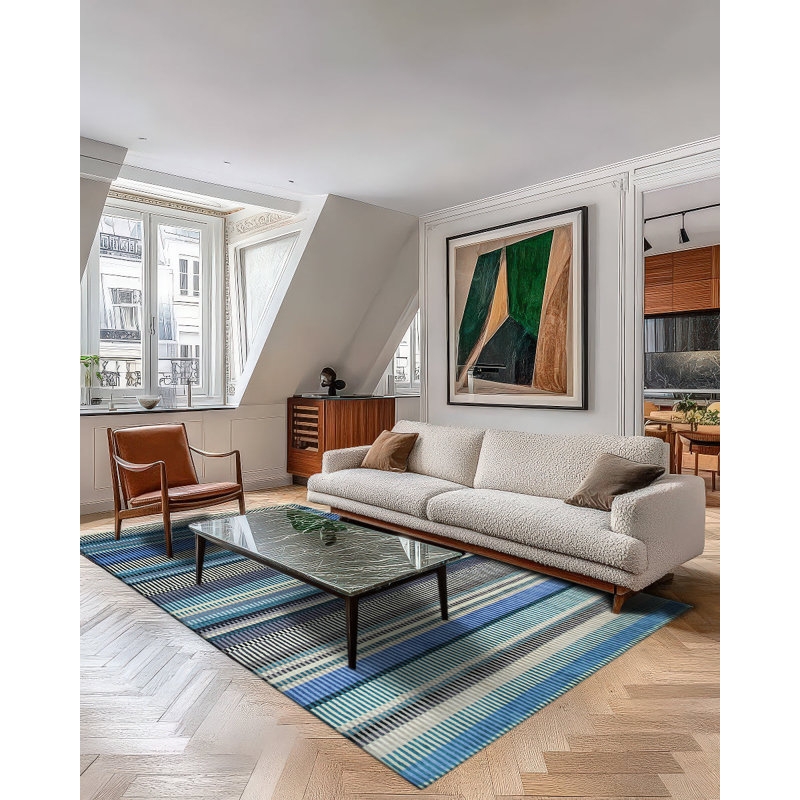 Hand-Knotted Blue Striped Wool 4' x 6' Area Rug