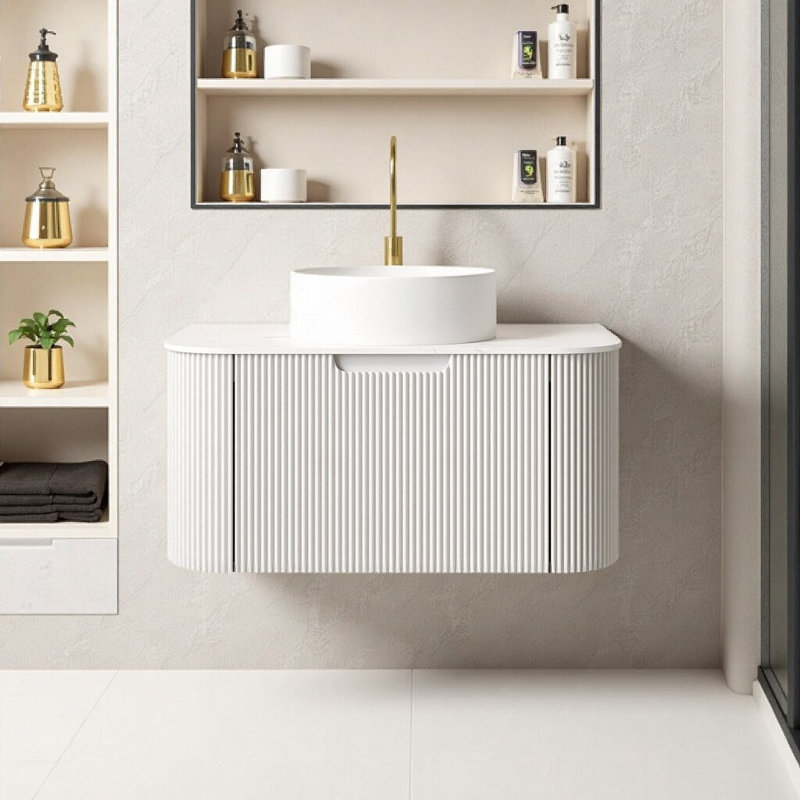 Meuble-lavabo mural flottant de 30 po avec lavabo en céramique et rangement rayé - Élégance moderne pré-assemblée pour les espaces compacts