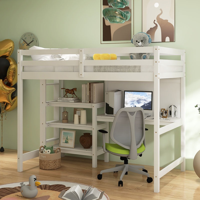 Lit mezzanine double en bois, Blanc