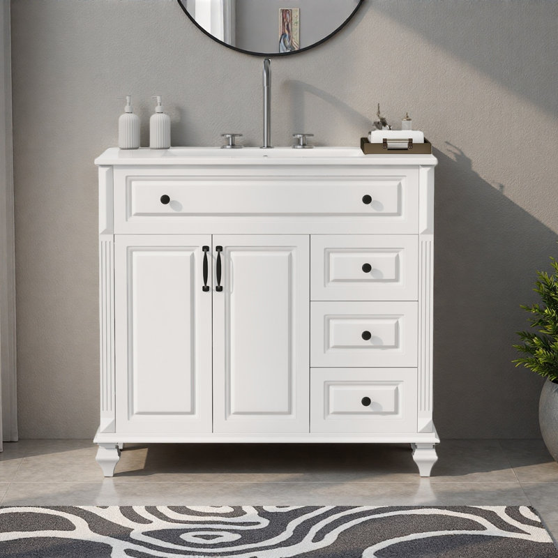 Meuble-lavabo de 36 po avec lavabo, armoire de salle de bain en bois massif avec tiroir rabattable, 3 tiroirs et 2 portes, conception élégante
