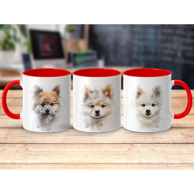 Pomeranian Puppies Watercolor Art 11oz Coffee Mug, Red, 3