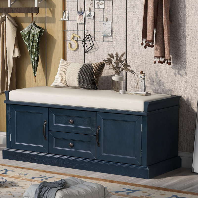 Banc de rangement avec 2 tiroirs et 2 armoires, banc à chaussures avec coussin amovible pour le salon, vestibule (marine antique)