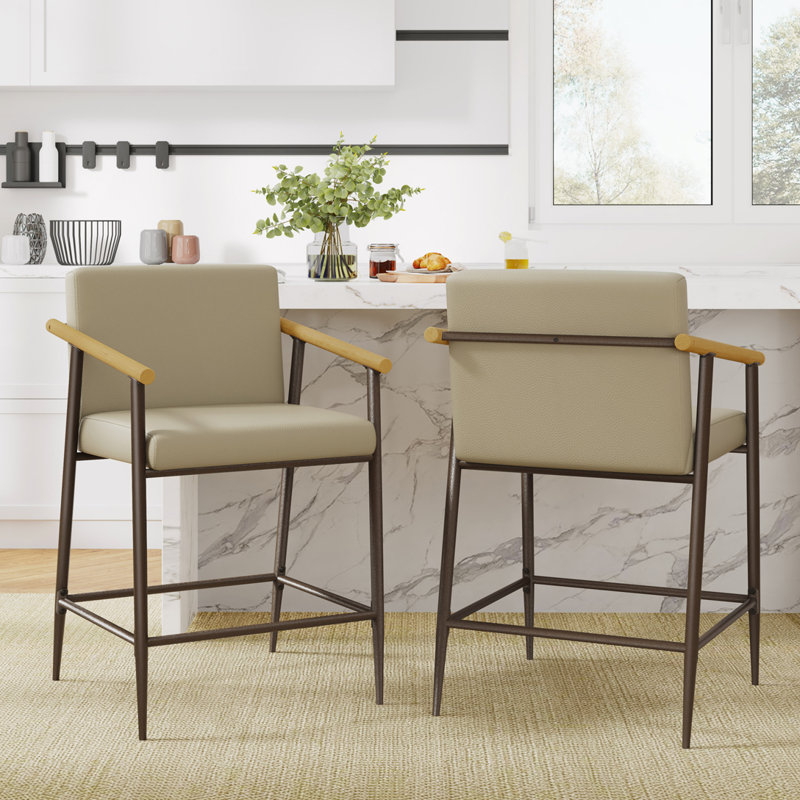 Tabouret de comptoir rembourré d'une hauteur de 31 po avec structure en métal, Siège kaki / structure espresso