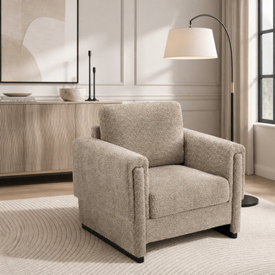 Fauteuil d'appoint rembourré avec accoudoirs en bois massif, fauteuil club carré en tissu avec coussin épais Boucle, fauteuil d'appoint moderne