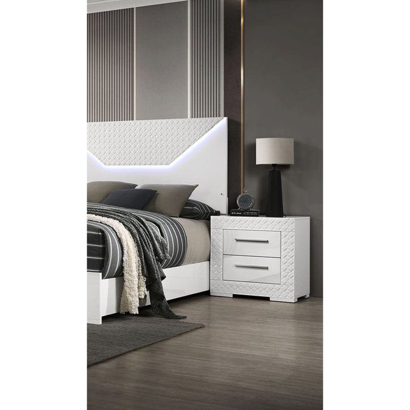 Table de chevet blanche ultrabrillante de style moderne avec 2 tiroirs latéraux en métal, quincaillerie et poignées de bar pour la chambre à coucher