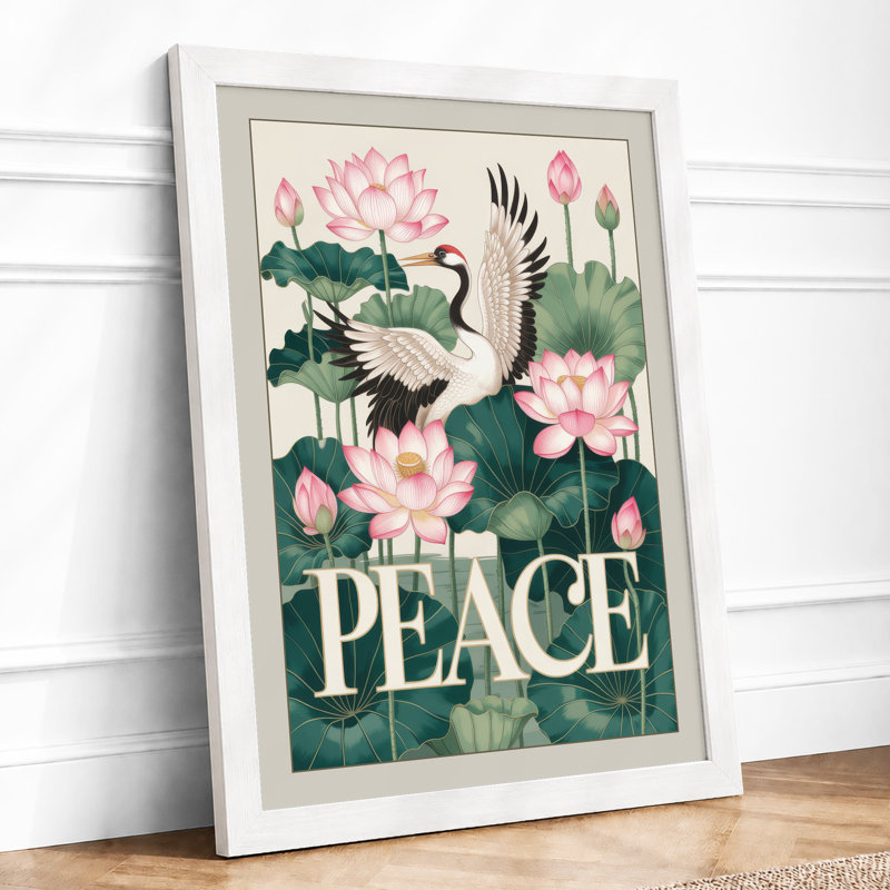 Crane Among Lotus Japandi - Framed Print, A2 - 59.4 x 42.0 cm, White