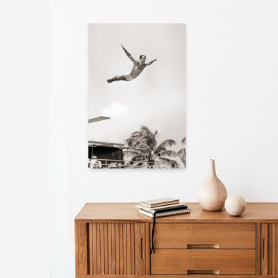 1930s 1940s MAN HIGH DIVER JUMPING OFF RESORT SWIMMING POOL DIVING BOARD PERFECT FORM CAUGHT IN MID-AIR MIAMI BEACH FLORIDA USA 1 Piece Wrapped Canvas Wall Art