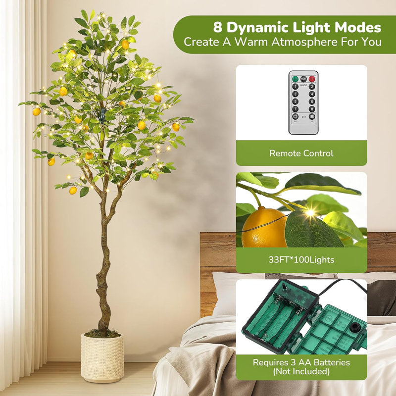 5FT/6FT Artificial Lemon Tree, Fake Lemon Plant with/without Lights, Faux Lemon Tree with Realistic Trunk and Fruits, Suitable for Indoor Home Decoration Balcony Living Room
