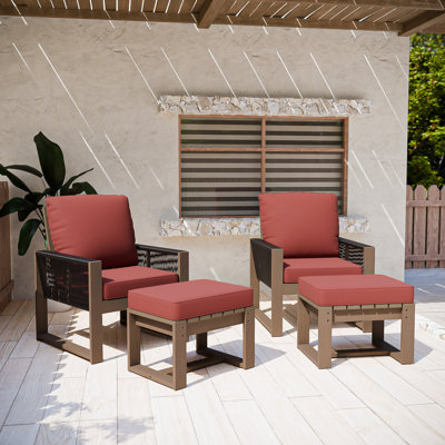 4-Piece Outdoor Patio Cedar Wood Brown Round Wicker Lounge Chair Conversation Set with Olefin Thick Cushions, Ottomans