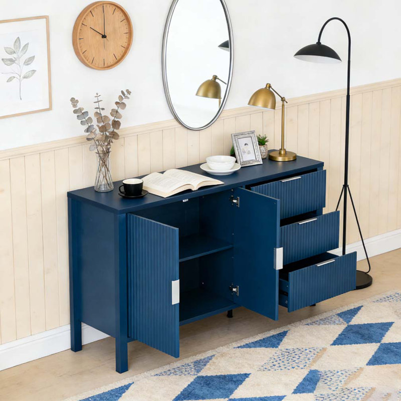 Modern Wave-Pattern Sideboard with 3 Drawers, Navy Blue