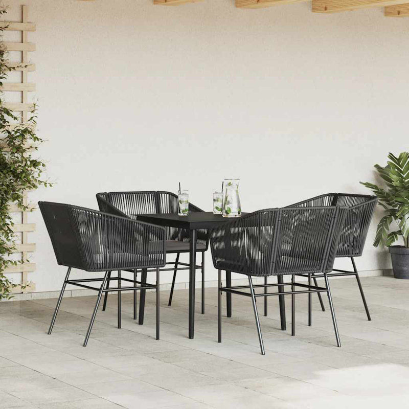 Ensemble repas de patio avec coussins en verre et poly rotin, H 29,1 po x l 31,5 po x L 31,5 po, 4, Noir / Noir