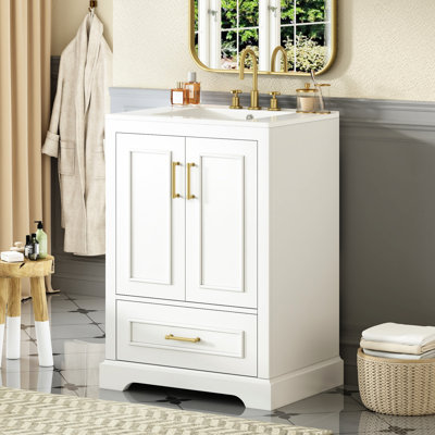 Meuble-lavabo de 24 po avec lavabo en céramique, tiroir divisé et compartiments de rangement intelligents pour une installation pratique, organisée et efficace