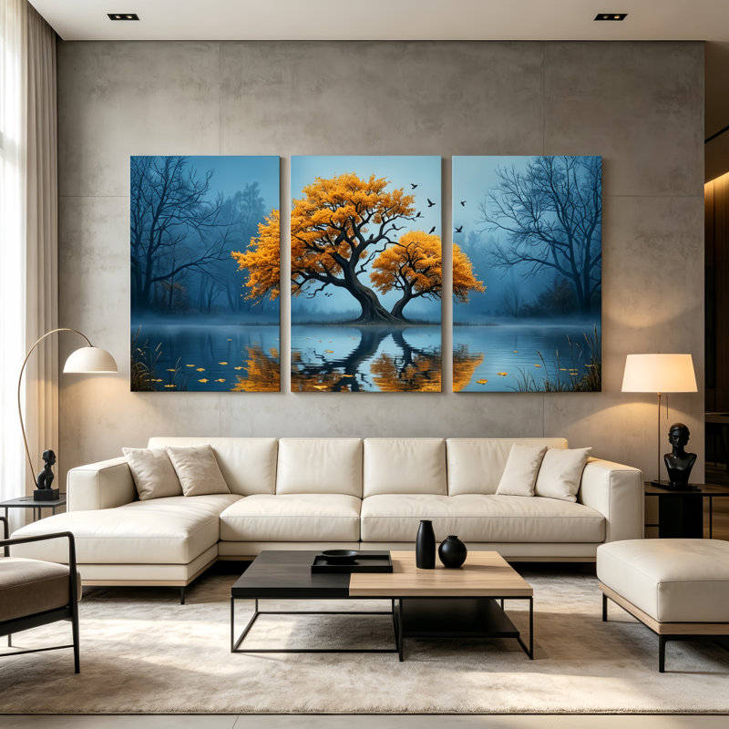 Ensemble de 3 toiles imprimées représentant un paysage rustique d'arbre doré et de lac bleu brumeux - Décoration murale pour salon