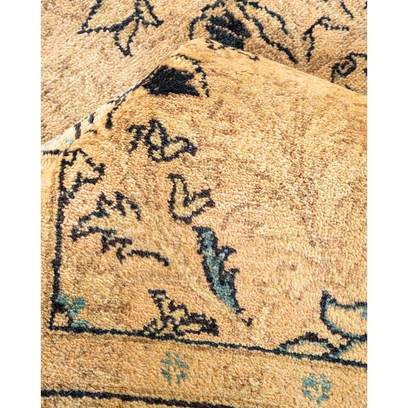Tapis beige en laine noué à la main de conception unique 9 pi 1 po x 11 pi 10 po Shiey