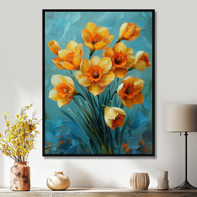 Jonquilles jaunes et orange vibrantes - Décoration murale jonquilles, H 34 po x l 44 po, Cadre flottant noir