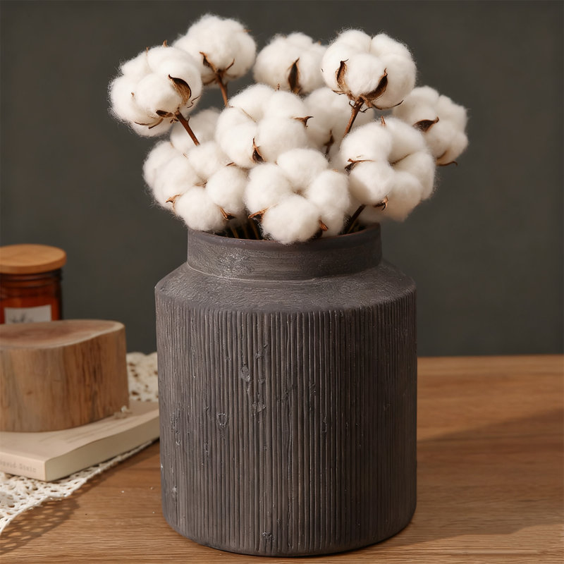 Vase en céramique nervuré de style campagnard, gris-noir, style rustique rétro, imperméable, pour les fleurs séchées et les bouquets frais, idéal pour le salon et la table à manger
