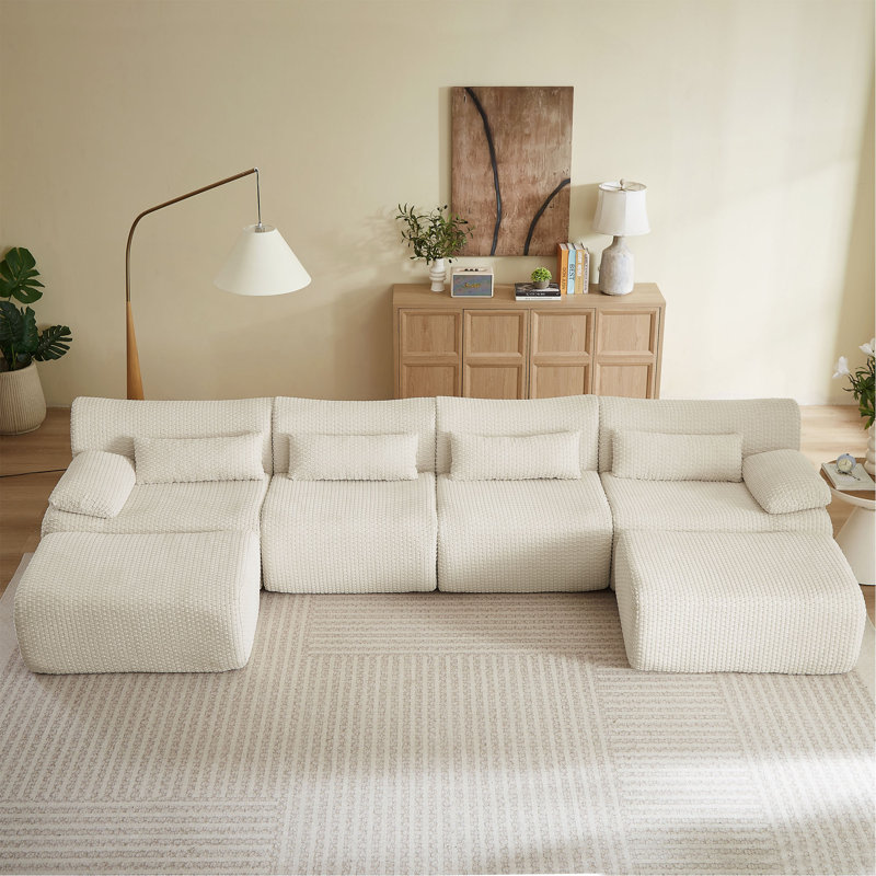 Canapés modulaires pour salon, canapé convertible en U avec repose-pieds, Velours côtelé crème