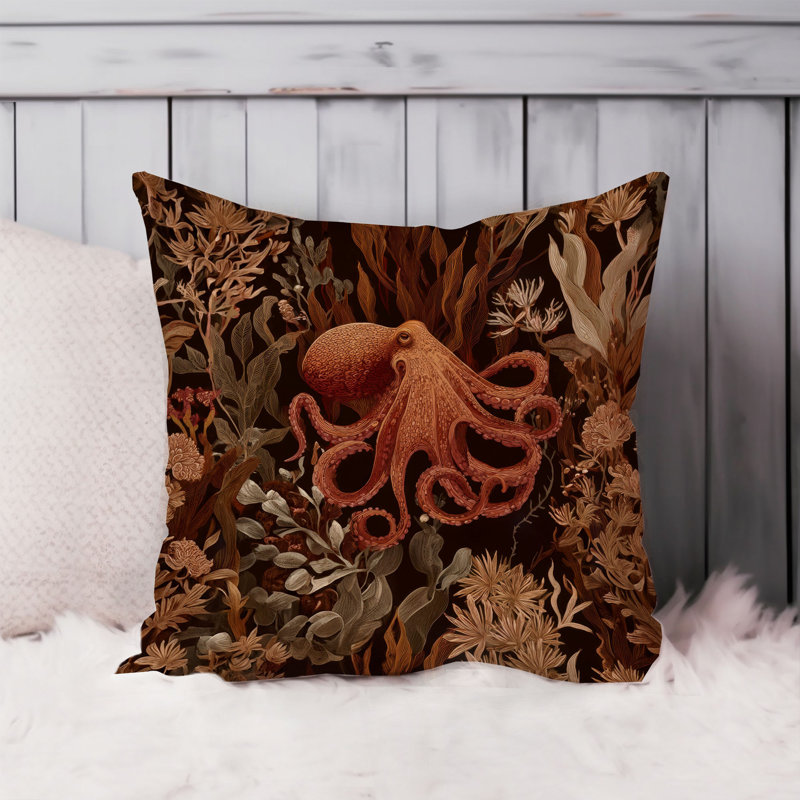 Housse de coussin nautique Beach and Coastal Octopus, Orange / rouge nautique / plage, Carré 20 po