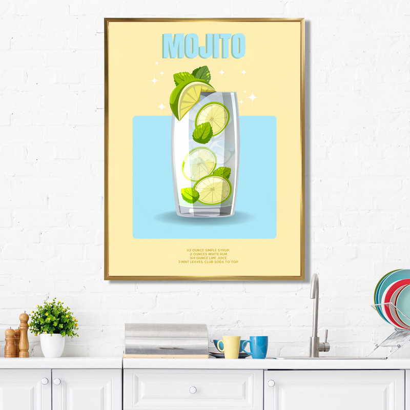 «Mid Century Lime Mojito Cocktail», impression d'art mural, H 40 po x l 30 po, Cadre flottant doré