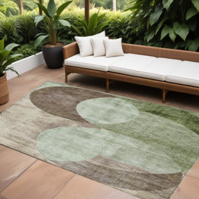 Tapis intérieur / extérieur 10 pi x 14 pi vert articulé brun et beige lavable à motif géométrique