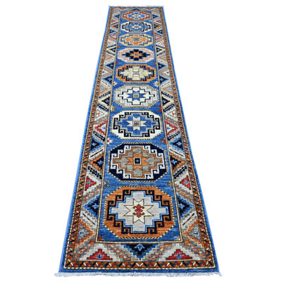 2'5" x 11'8" Blue Hand Knotted Afghan Ersari Elephant Feet Wool Runner Oriental Rug