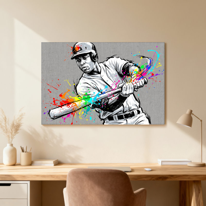 Joueur de baseball avec des éclaboussures colorées, H 12 po x l 18 po, Light Wood Grain, Cadre photo unique