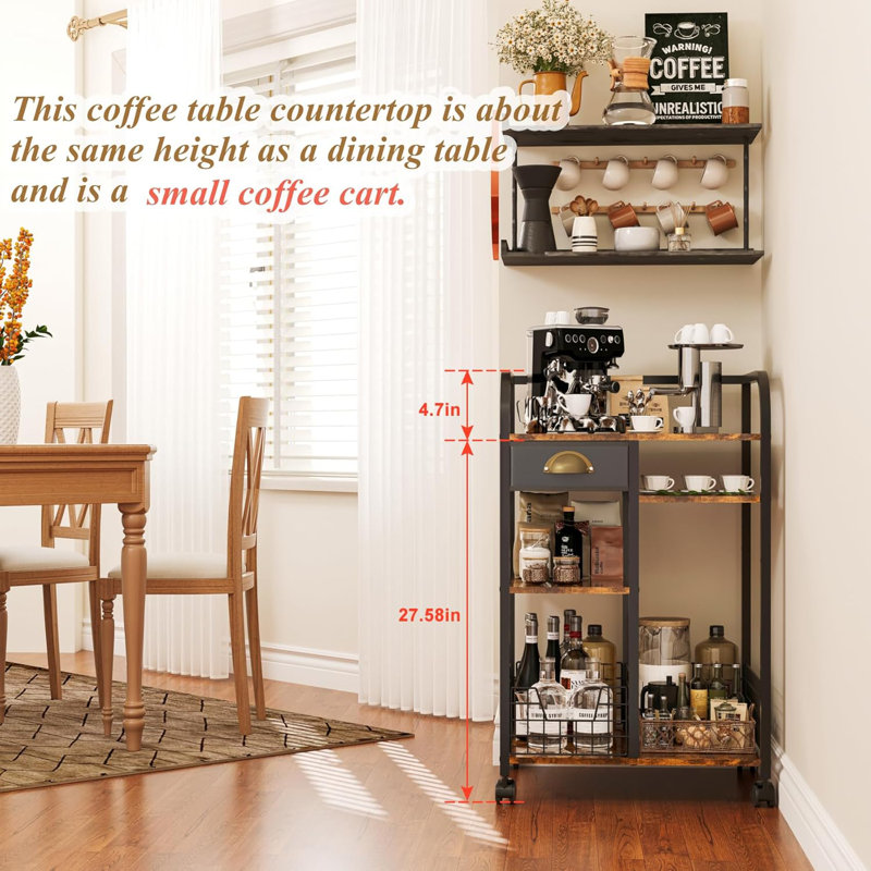 Mobile Coffee Cart With Adjustable Shelves, Storage Drawer, And 360° Braked Wheels, Rustic Wood Coffee Bar Cabinet For Kitchen, Living Room, Or Dining Room