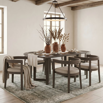 7-Piece Dining Table Set for 6, Rectangular Double Pedestal Kitchen Table with 6 Upholstered Barrel-Back Chairs, Curved Open-Back Dining Set