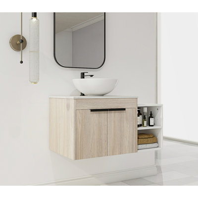 Meuble-lavabo flottant de conception moderne avec lavabo d'art en céramique et petites tablettes de rangement