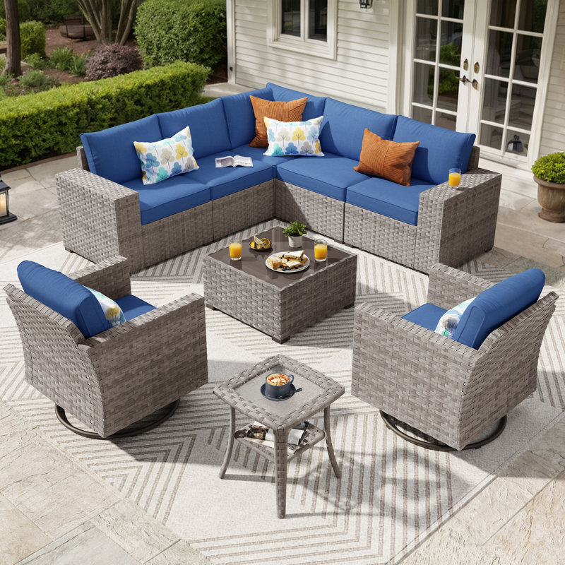 7 - Person Patio Furniture Set with Swivel Rocker, Outdoor Wicker Rattan Sectional Seating Group with Cushions, All Weather Sofa Conversation Set with Table for Garden Backyard