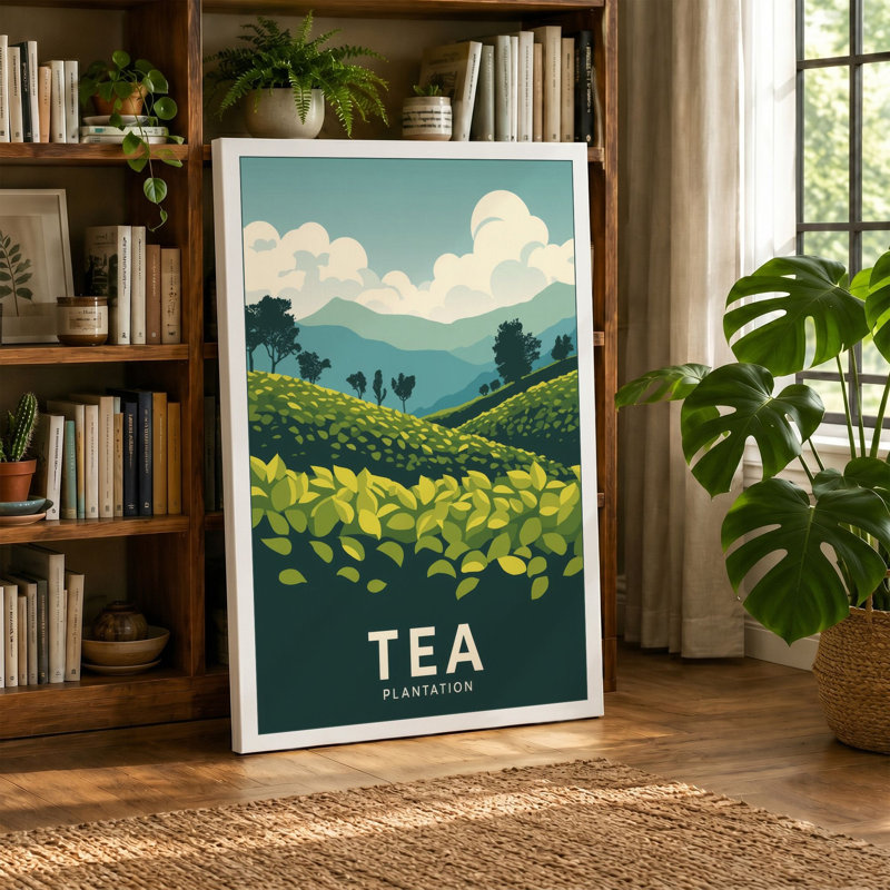 Tea Plantation Landscape Modern - Wrapped Canvas, 18x12 - 45.7 x 30.5 cm, Teal Border