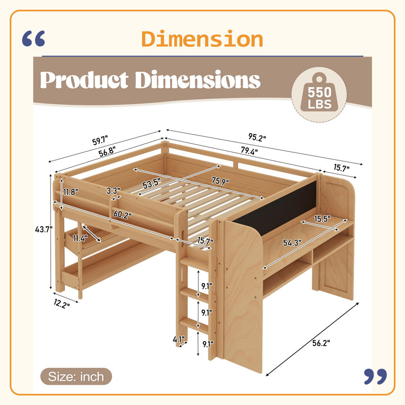 Loft Bed With Multi-Storage Bookcases, Boxes And Drawers, Solid Wood Low Loft Beds With Desk And Blackboard, No Box Spring Needed