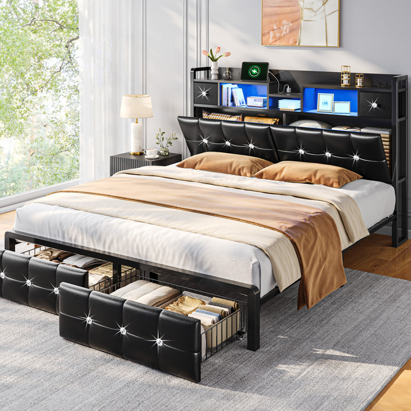 Modern Upholstered Headboard Bed With Storage Drawers & Shelves, Usb Charging Headboard, And Customizable Led Mood Lighting，full/queen/king