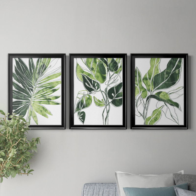 «Expressive Palm I», ensemble de 3 impressions sur toile encadrées, Toile avec cadre noir, H 18,5 po x l 73,5 po x P 1,5 po